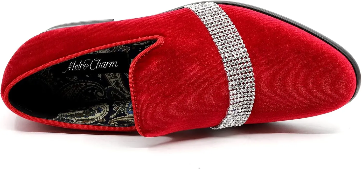 Metrocharm Men's Velvet Smoking Slipper with Rhinestone Embellished Strap Dress Tuxedo Loafer Slip On Shoe SM-10