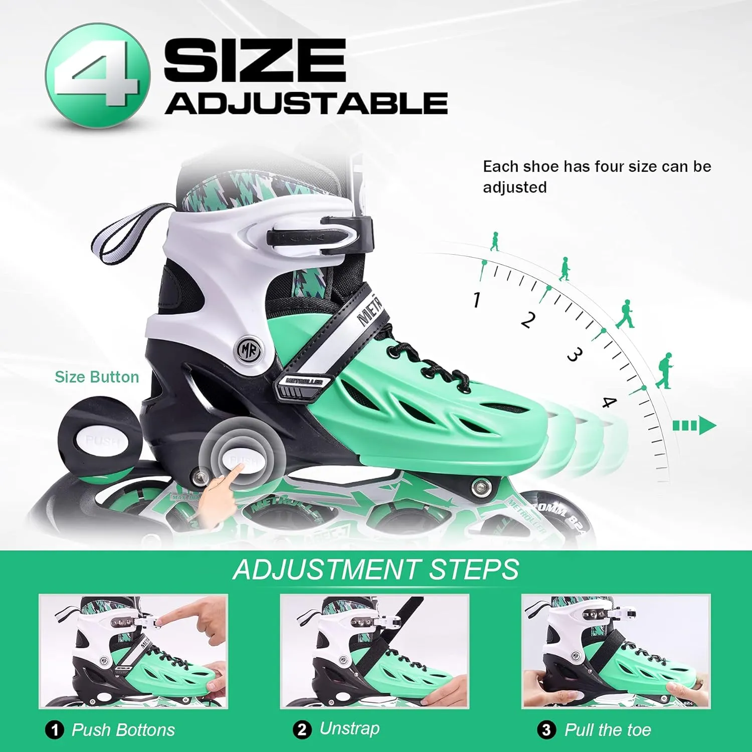 METROLLER Inline Skates for Girls and Boys, Women, Men 4 Sizes Adjustable Inline Skates with Light Up Wheels, Illuminating Beginner Skates for Kids 5-8 8-12 & Adult Youth.