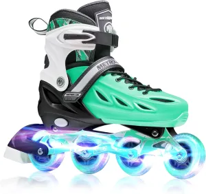 METROLLER Inline Skates for Girls and Boys, Women, Men 4 Sizes Adjustable Inline Skates with Light Up Wheels, Illuminating Beginner Skates for Kids 5-8 8-12 & Adult Youth.