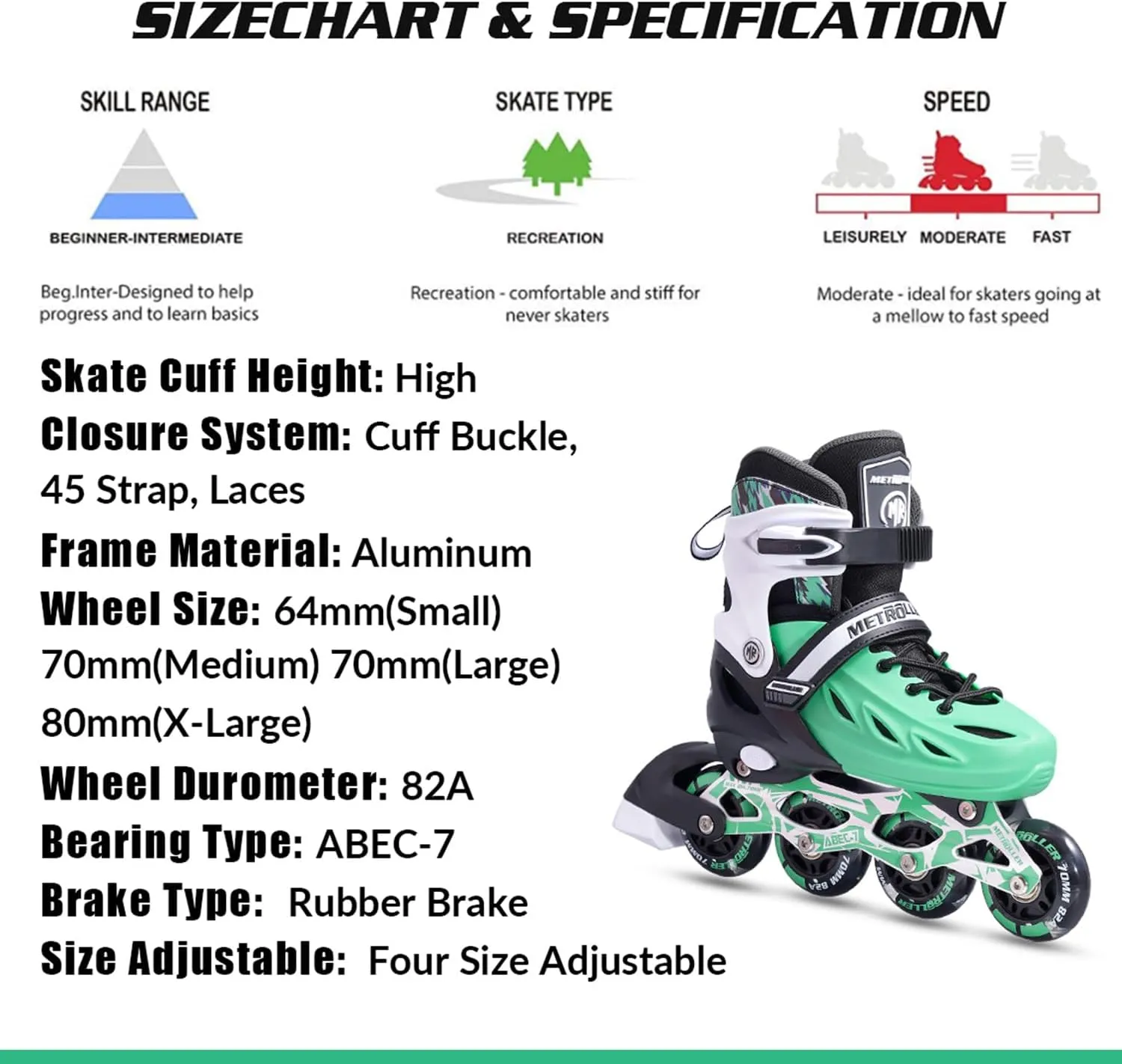 METROLLER Inline Skates for Girls and Boys, Women, Men 4 Sizes Adjustable Inline Skates with Light Up Wheels, Illuminating Beginner Skates for Kids 5-8 8-12 & Adult Youth.