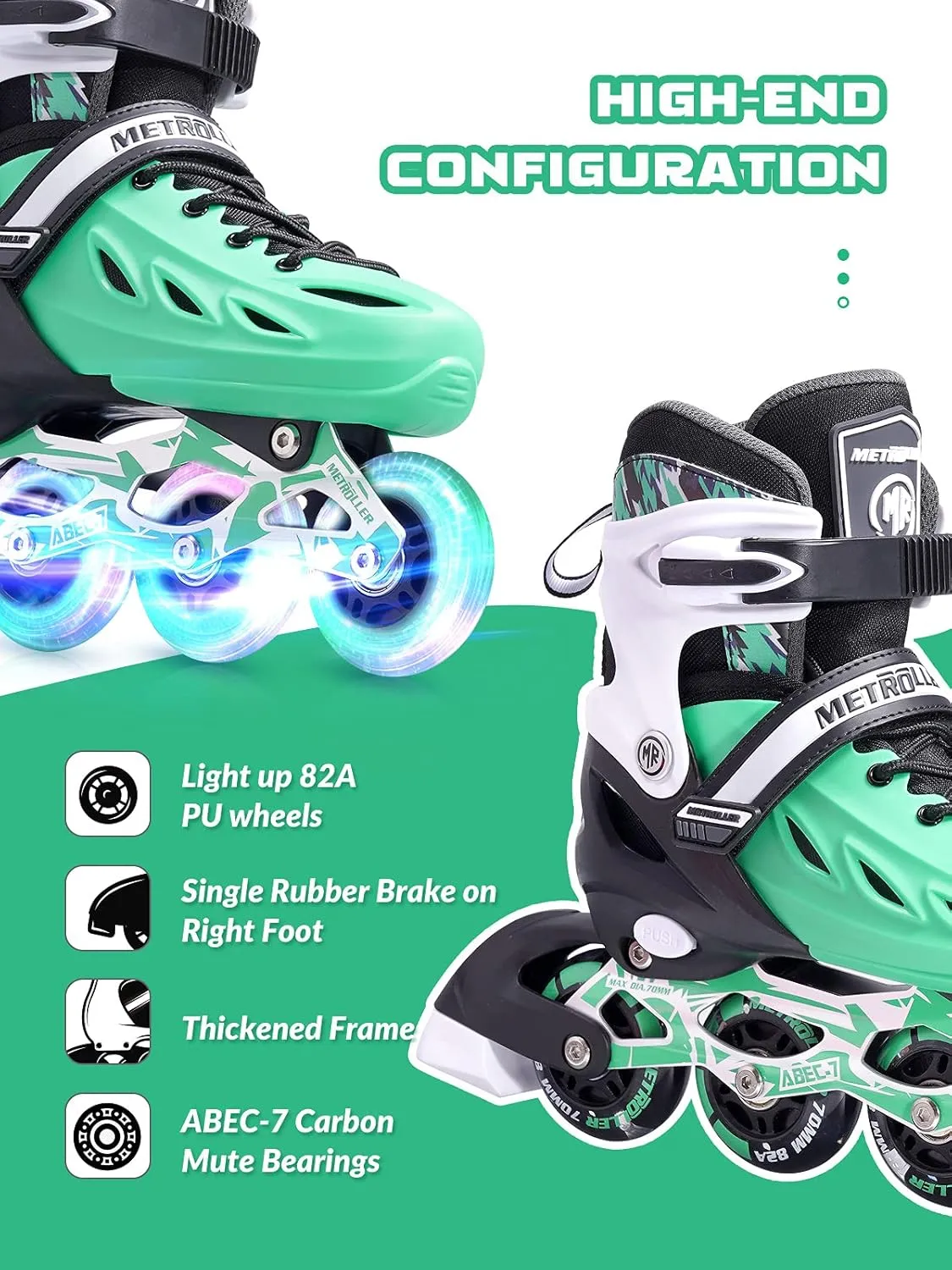 METROLLER Inline Skates for Girls and Boys, Women, Men 4 Sizes Adjustable Inline Skates with Light Up Wheels, Illuminating Beginner Skates for Kids 5-8 8-12 & Adult Youth.