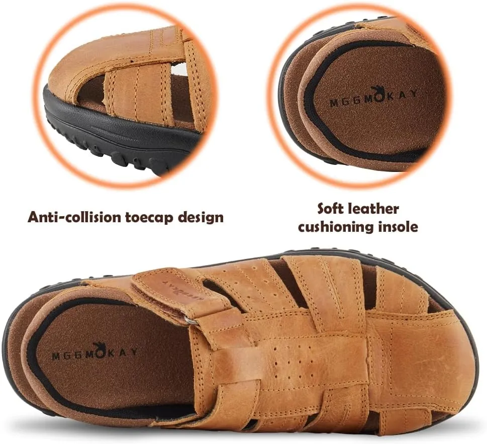 MGGMOKAY Men's Fisherman Sandals Summer Genuine Leather Breathable Outdoor Sandal Closed Toe
