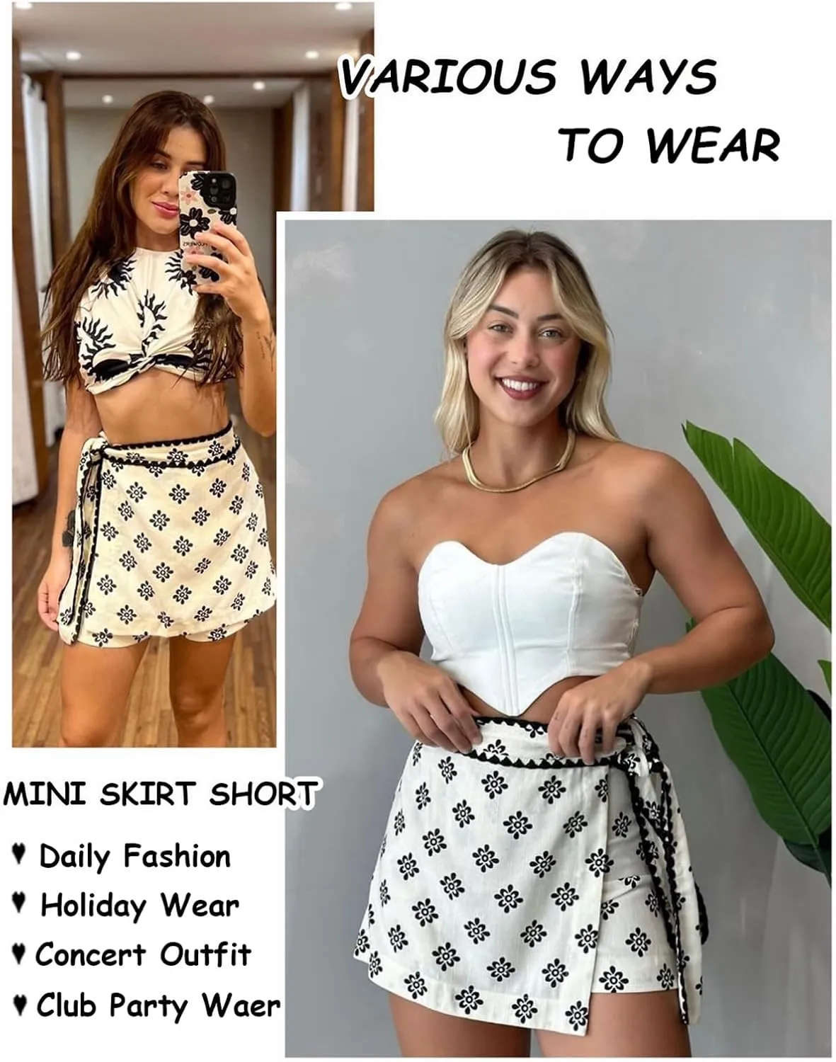 Mini Wrap Skirt Short for Women Flowy Bodycon Print Elastic Waist Fall Casual Beige Skort