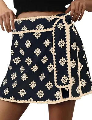 Mini Wrap Skirt Short for Women Flowy Bodycon Print Elastic Waist Fall Casual Beige Skort