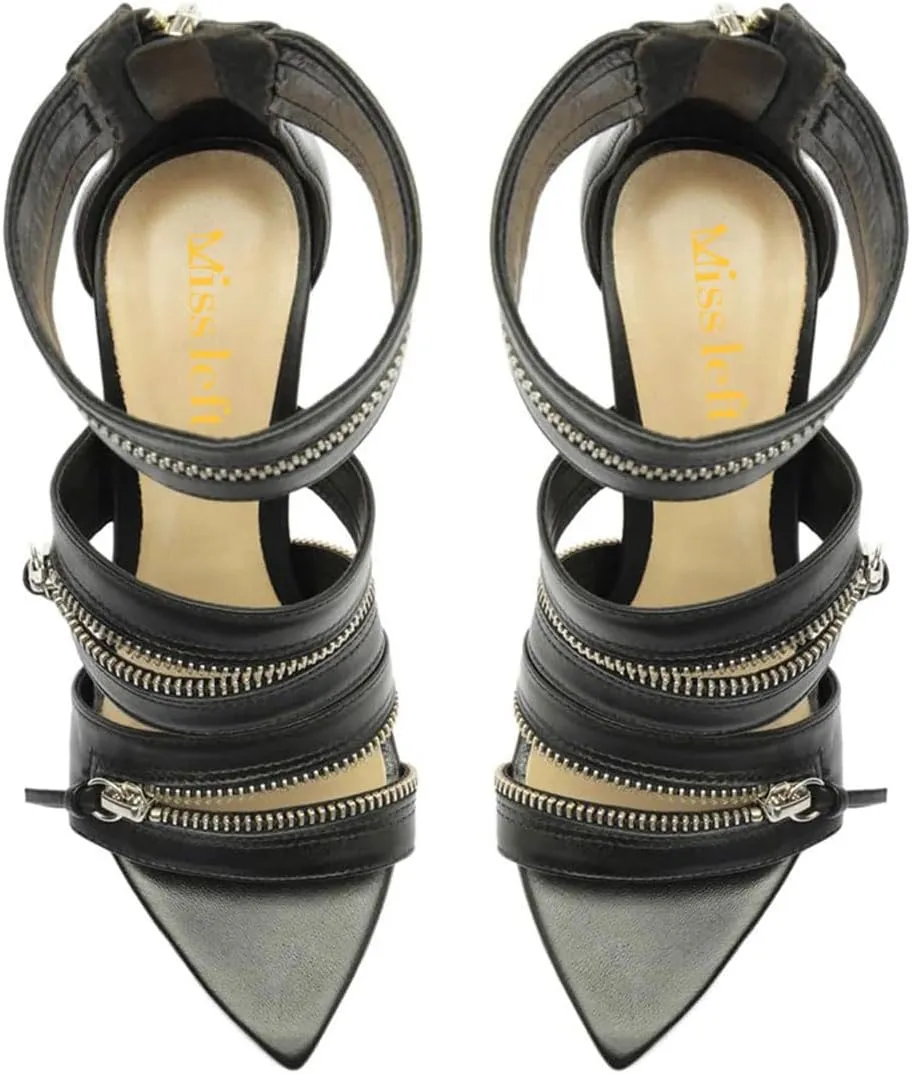 miss left Women Stylish Stiletto Heel Open Pointed Toe Sandals Ankle Wrap Zips High Heel Pumps Sexy Nightclub Shoes Size 4-16 US