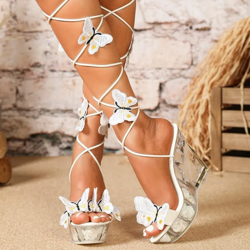 MissHeel Butterfly Heels Lace Up Clear Platform Wedge Heel Sandals
