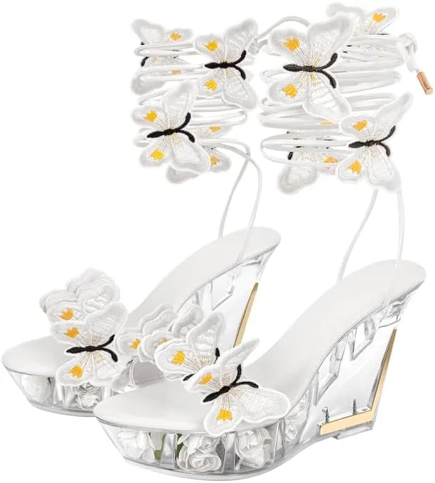 MissHeel Butterfly Heels Lace Up Clear Platform Wedge Heel Sandals