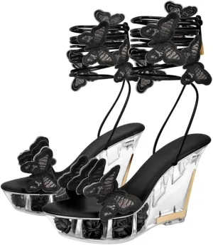 MissHeel Butterfly Heels Lace Up Clear Platform Wedge Heel Sandals