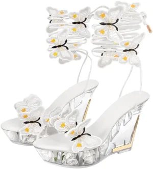 MissHeel Butterfly Heels Lace Up Clear Platform Wedge Heel Sandals