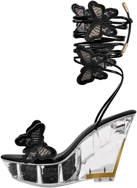 MissHeel Butterfly Heels Lace Up Clear Platform Wedge Heel Sandals