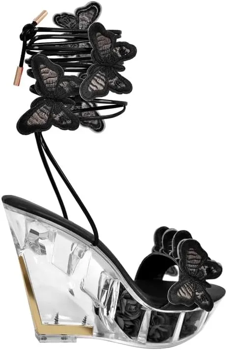 MissHeel Butterfly Heels Lace Up Clear Platform Wedge Heel Sandals