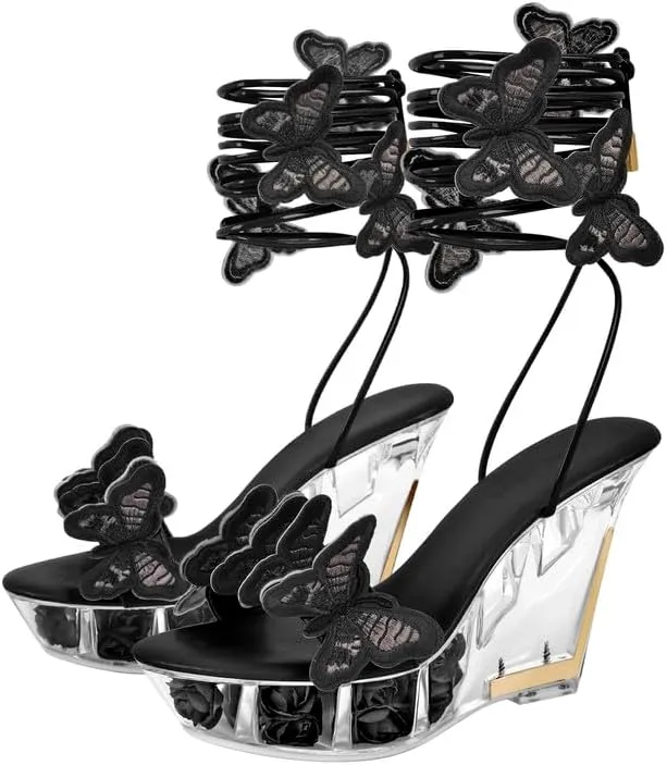 MissHeel Butterfly Heels Lace Up Clear Platform Wedge Heel Sandals