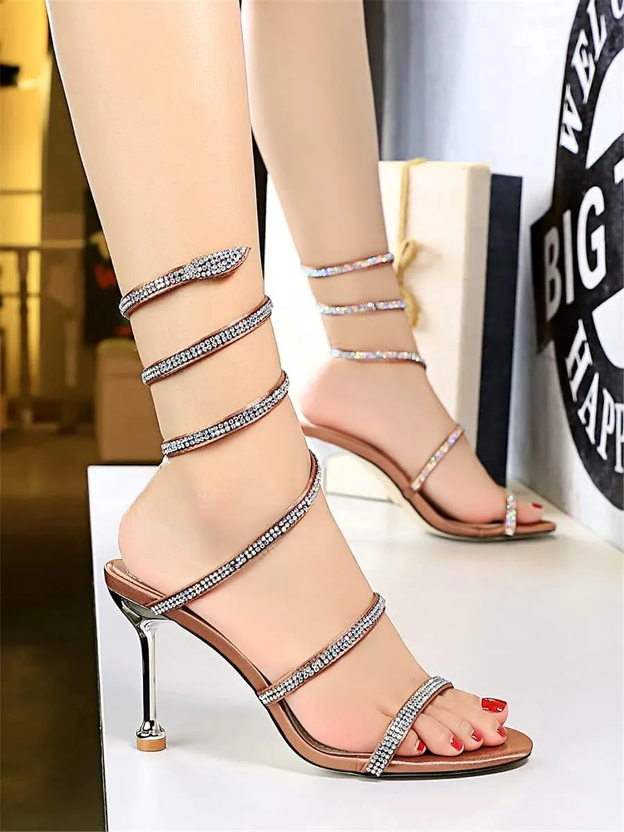 MissHeel Wrap Up Rhinestone Strappy High Heels Sandals 3inch/8cm