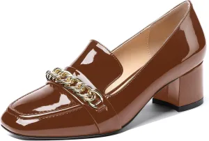 MODENCOCO Women's Patent Loafers Metal Chain Casual Business Square Toe Slip On Chunky Low Heel Pumps Shoes 2 Inch