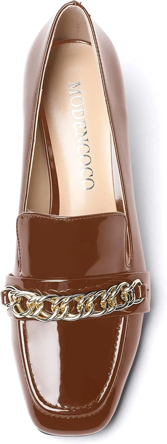 MODENCOCO Women's Patent Loafers Metal Chain Casual Business Square Toe Slip On Chunky Low Heel Pumps Shoes 2 Inch
