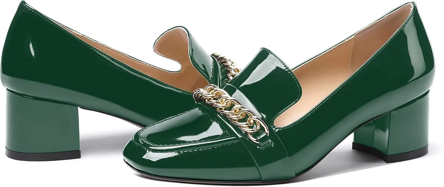 MODENCOCO Women's Patent Loafers Metal Chain Casual Business Square Toe Slip On Chunky Low Heel Pumps Shoes 2 Inch