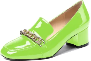 MODENCOCO Women's Patent Loafers Metal Chain Casual Business Square Toe Slip On Chunky Low Heel Pumps Shoes 2 Inch