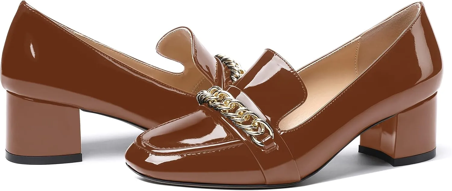 MODENCOCO Women's Patent Loafers Metal Chain Casual Business Square Toe Slip On Chunky Low Heel Pumps Shoes 2 Inch