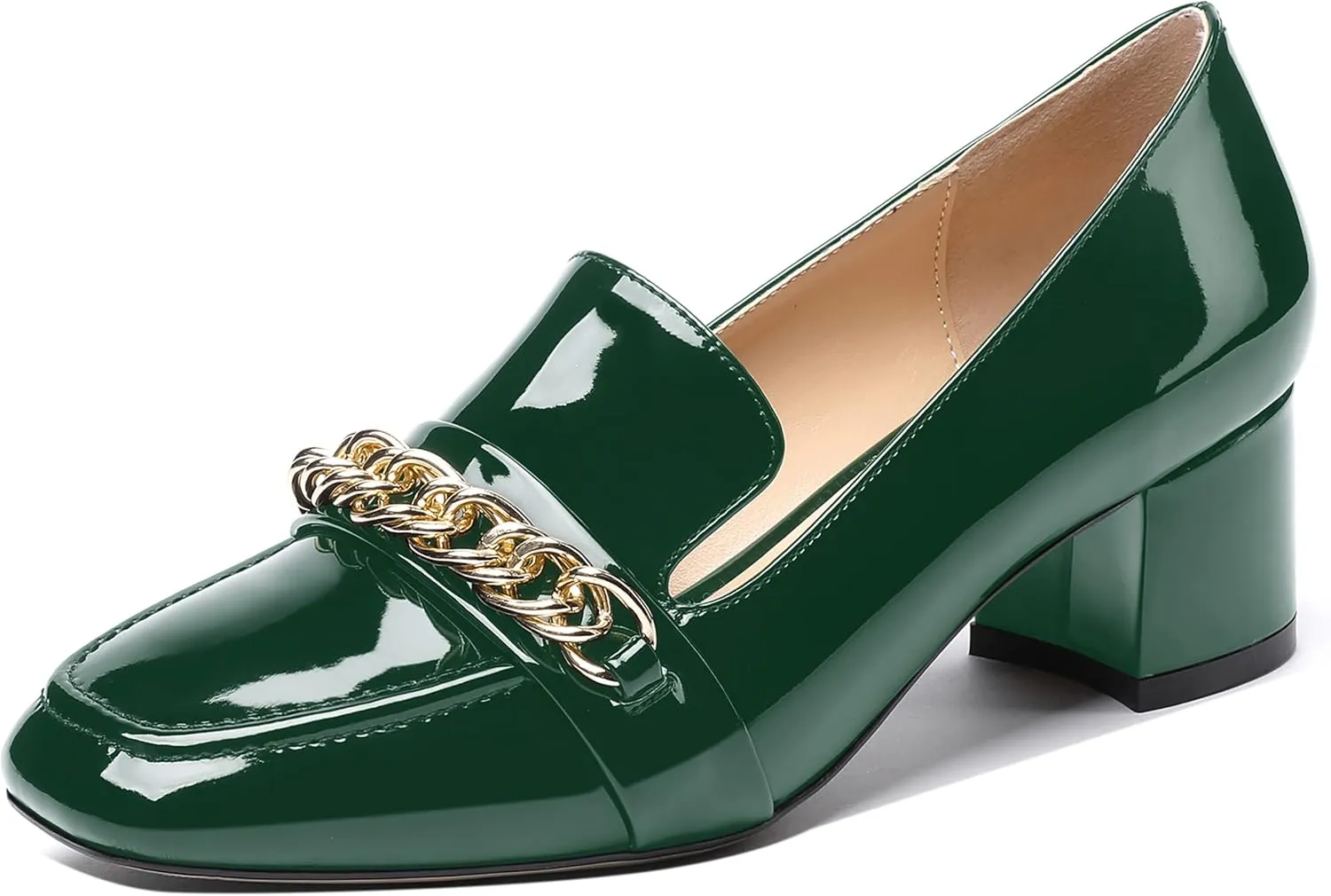 MODENCOCO Women's Patent Loafers Metal Chain Casual Business Square Toe Slip On Chunky Low Heel Pumps Shoes 2 Inch