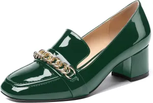 MODENCOCO Women's Patent Loafers Metal Chain Casual Business Square Toe Slip On Chunky Low Heel Pumps Shoes 2 Inch
