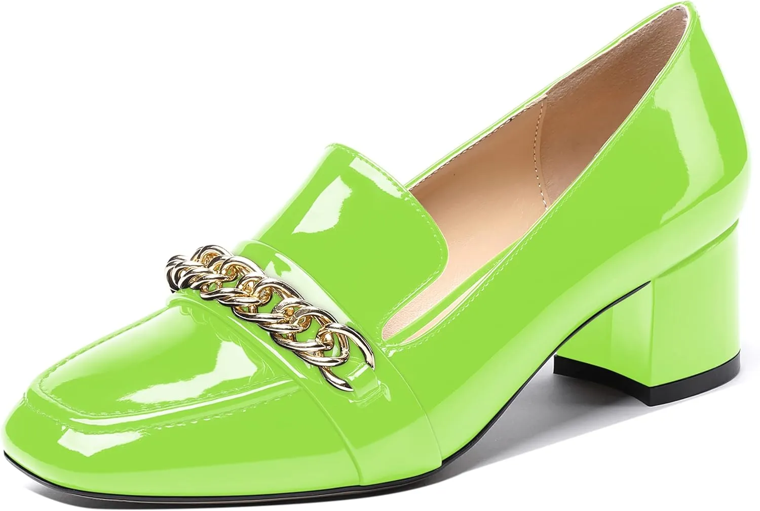 MODENCOCO Women's Patent Loafers Metal Chain Casual Business Square Toe Slip On Chunky Low Heel Pumps Shoes 2 Inch