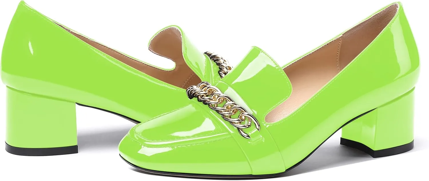 MODENCOCO Women's Patent Loafers Metal Chain Casual Business Square Toe Slip On Chunky Low Heel Pumps Shoes 2 Inch