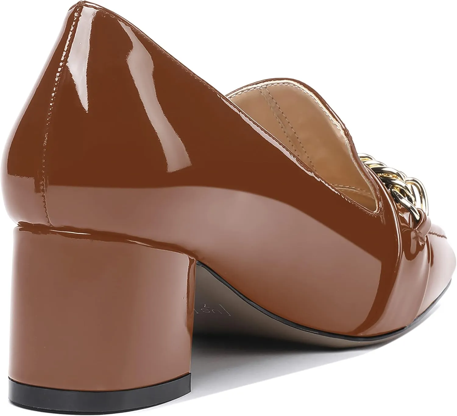 MODENCOCO Women's Patent Loafers Metal Chain Casual Business Square Toe Slip On Chunky Low Heel Pumps Shoes 2 Inch
