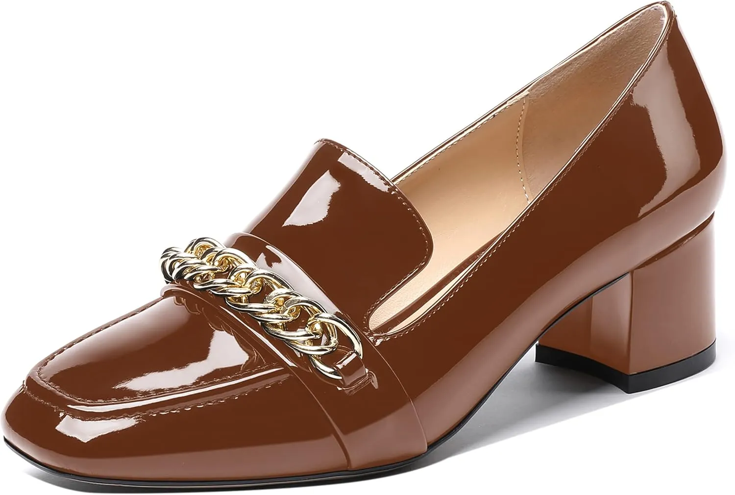 MODENCOCO Women's Patent Loafers Metal Chain Casual Business Square Toe Slip On Chunky Low Heel Pumps Shoes 2 Inch