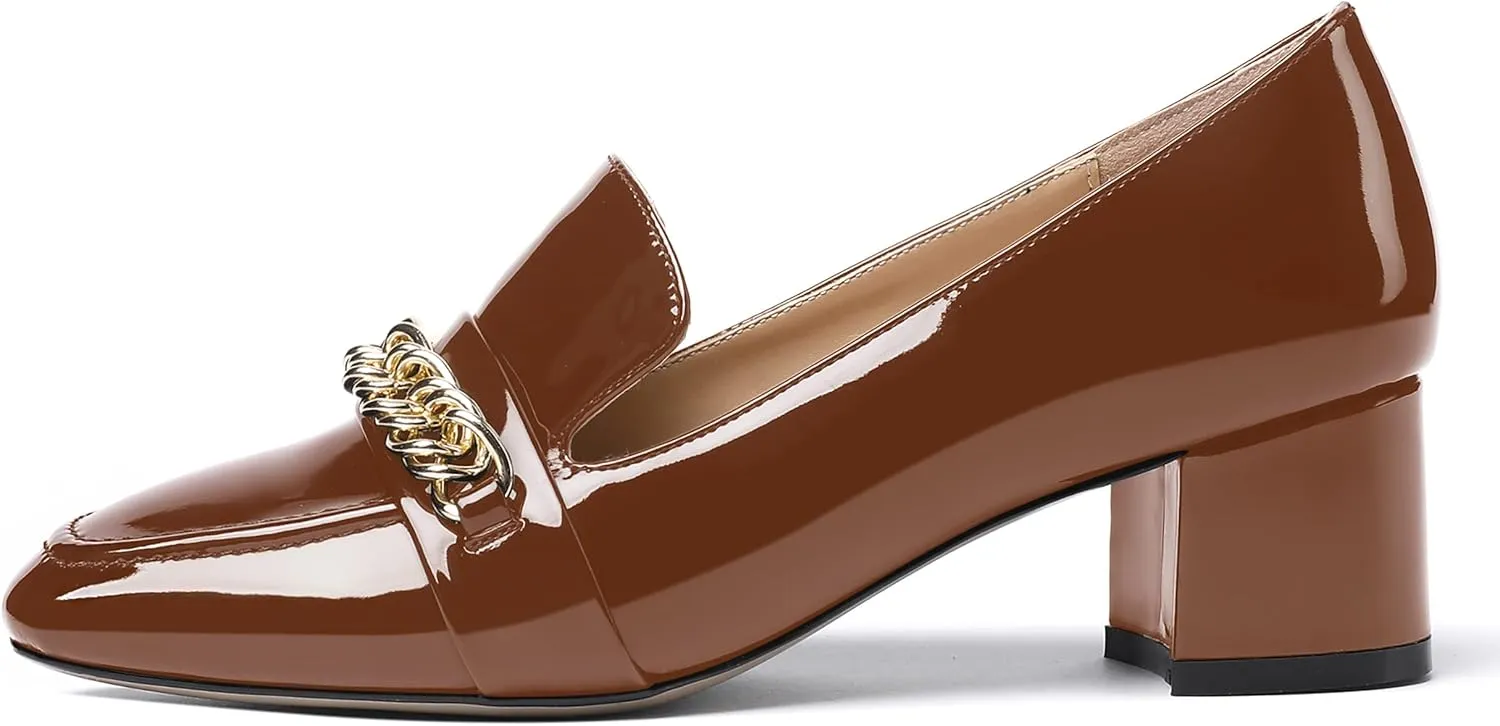 MODENCOCO Women's Patent Loafers Metal Chain Casual Business Square Toe Slip On Chunky Low Heel Pumps Shoes 2 Inch