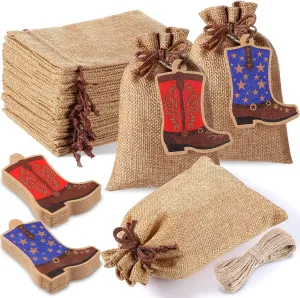 Mooliwe 50 Pcs Burlap Drawstring Bags with Boot Shape Tags, Western Cowgirl Sacks Bulk 4 x 6 Inches Reusable Burlap Candy Pouch for Cowboy Baby Shower Wedding Bachelorette Party Supplies(Red Blue)