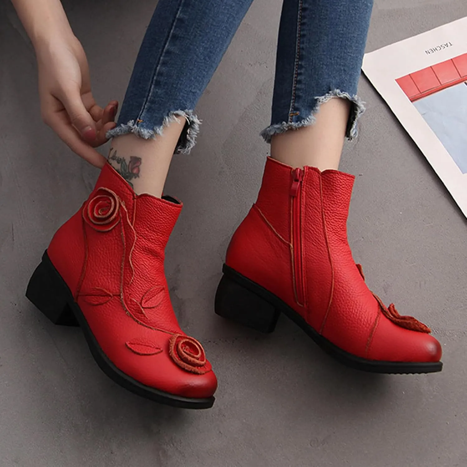 MOYOWEI Women's Handmade Sunflower Dress Leather Booties,Comfy Fall/Winter Non-slip Block Heels Zip Casual Short Ankle Boots