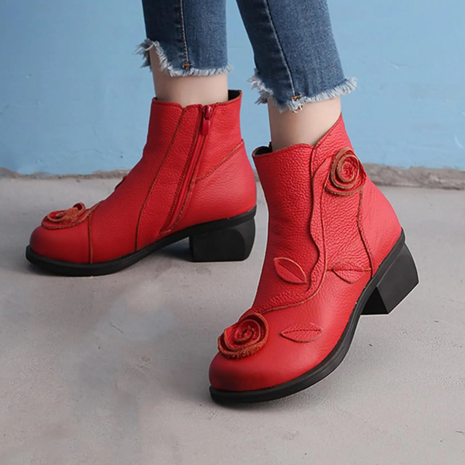 MOYOWEI Women's Handmade Sunflower Dress Leather Booties,Comfy Fall/Winter Non-slip Block Heels Zip Casual Short Ankle Boots