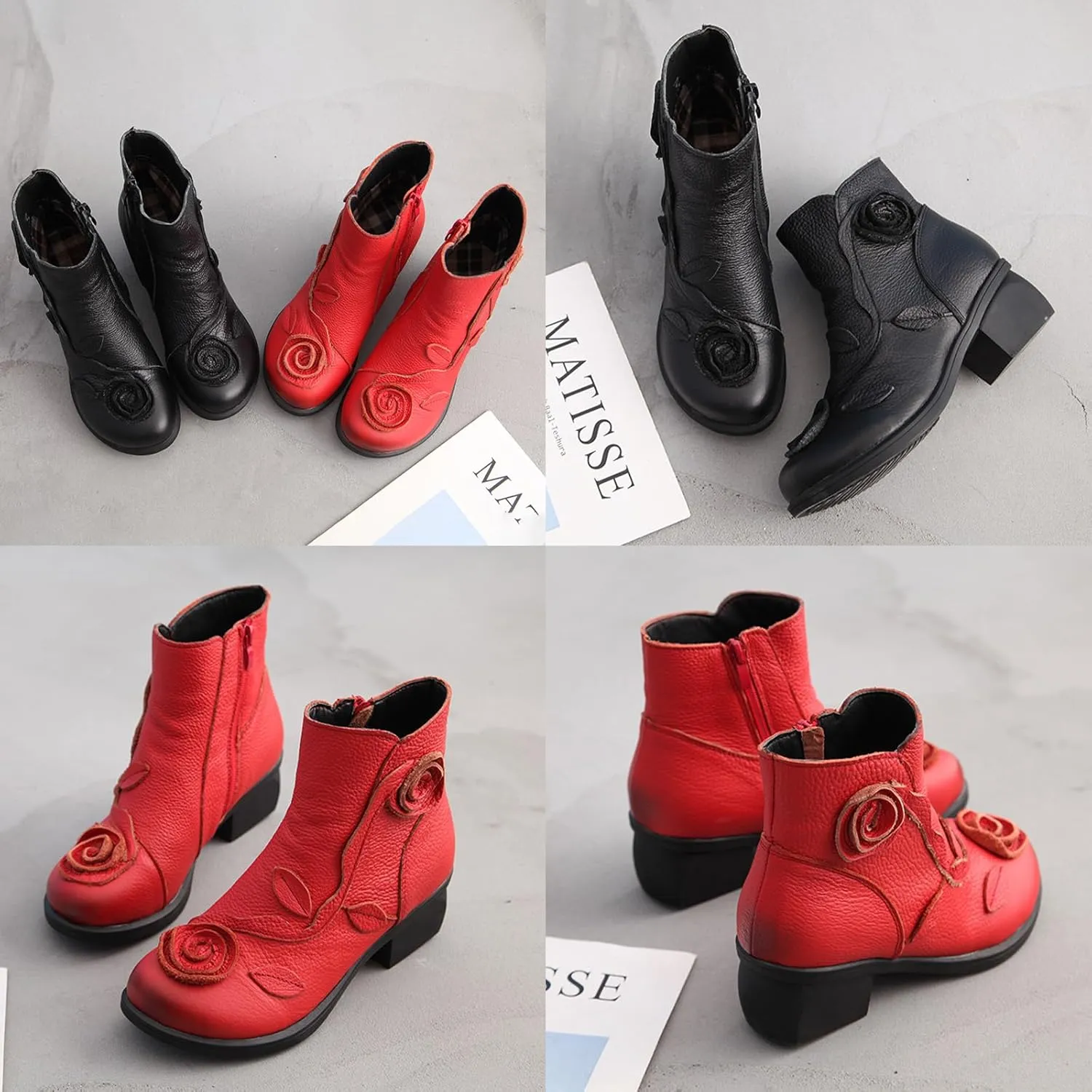 MOYOWEI Women's Handmade Sunflower Dress Leather Booties,Comfy Fall/Winter Non-slip Block Heels Zip Casual Short Ankle Boots