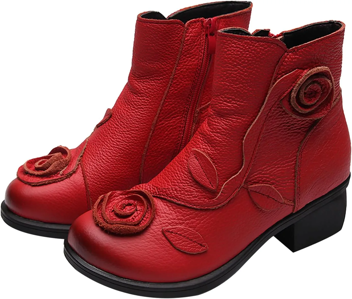 MOYOWEI Women's Handmade Sunflower Dress Leather Booties,Comfy Fall/Winter Non-slip Block Heels Zip Casual Short Ankle Boots