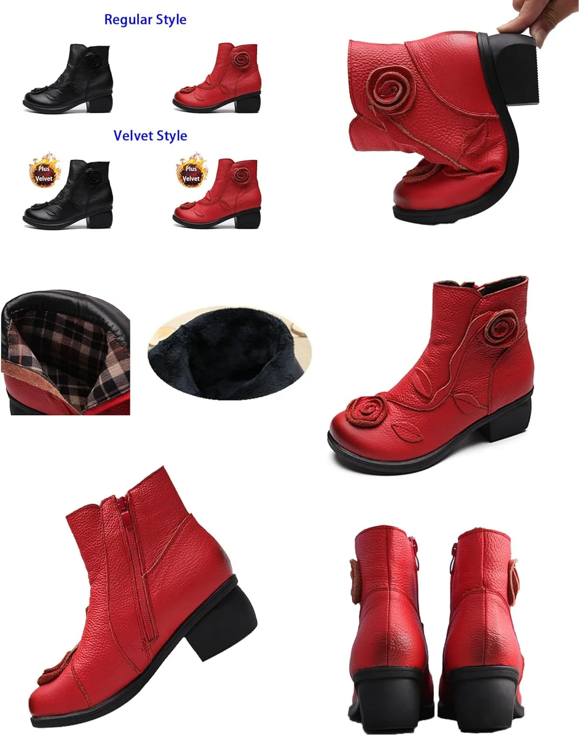 MOYOWEI Women's Handmade Sunflower Dress Leather Booties,Comfy Fall/Winter Non-slip Block Heels Zip Casual Short Ankle Boots