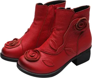 MOYOWEI Women's Handmade Sunflower Dress Leather Booties,Comfy Fall/Winter Non-slip Block Heels Zip Casual Short Ankle Boots