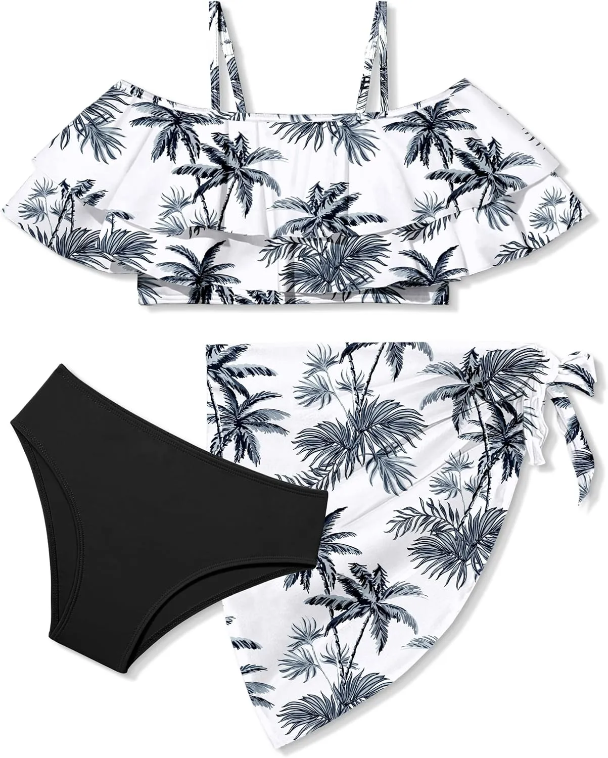 NAPU Girls Swimsuit Cold Shoulder Bikini Set Tropical Girls Bathing Suit with Wrap Beach Skirt