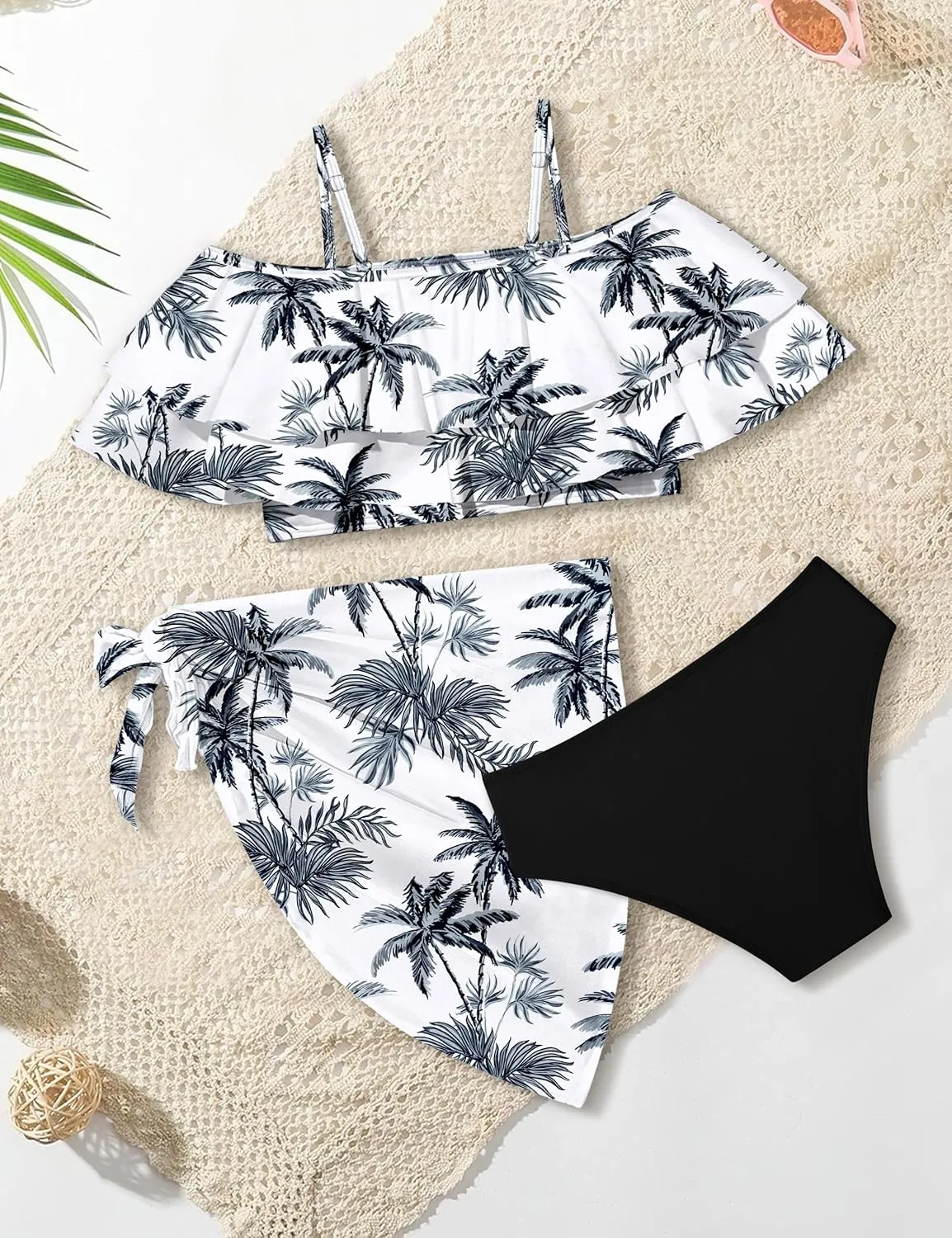 NAPU Girls Swimsuit Cold Shoulder Bikini Set Tropical Girls Bathing Suit with Wrap Beach Skirt