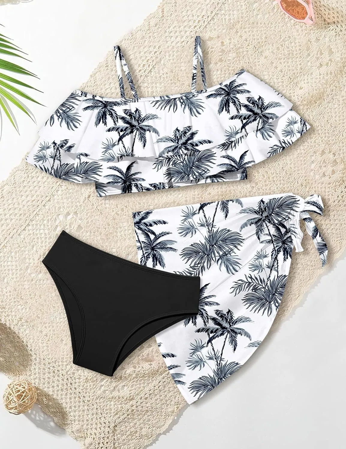 NAPU Girls Swimsuit Cold Shoulder Bikini Set Tropical Girls Bathing Suit with Wrap Beach Skirt