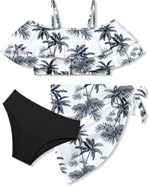 NAPU Girls Swimsuit Cold Shoulder Bikini Set Tropical Girls Bathing Suit with Wrap Beach Skirt