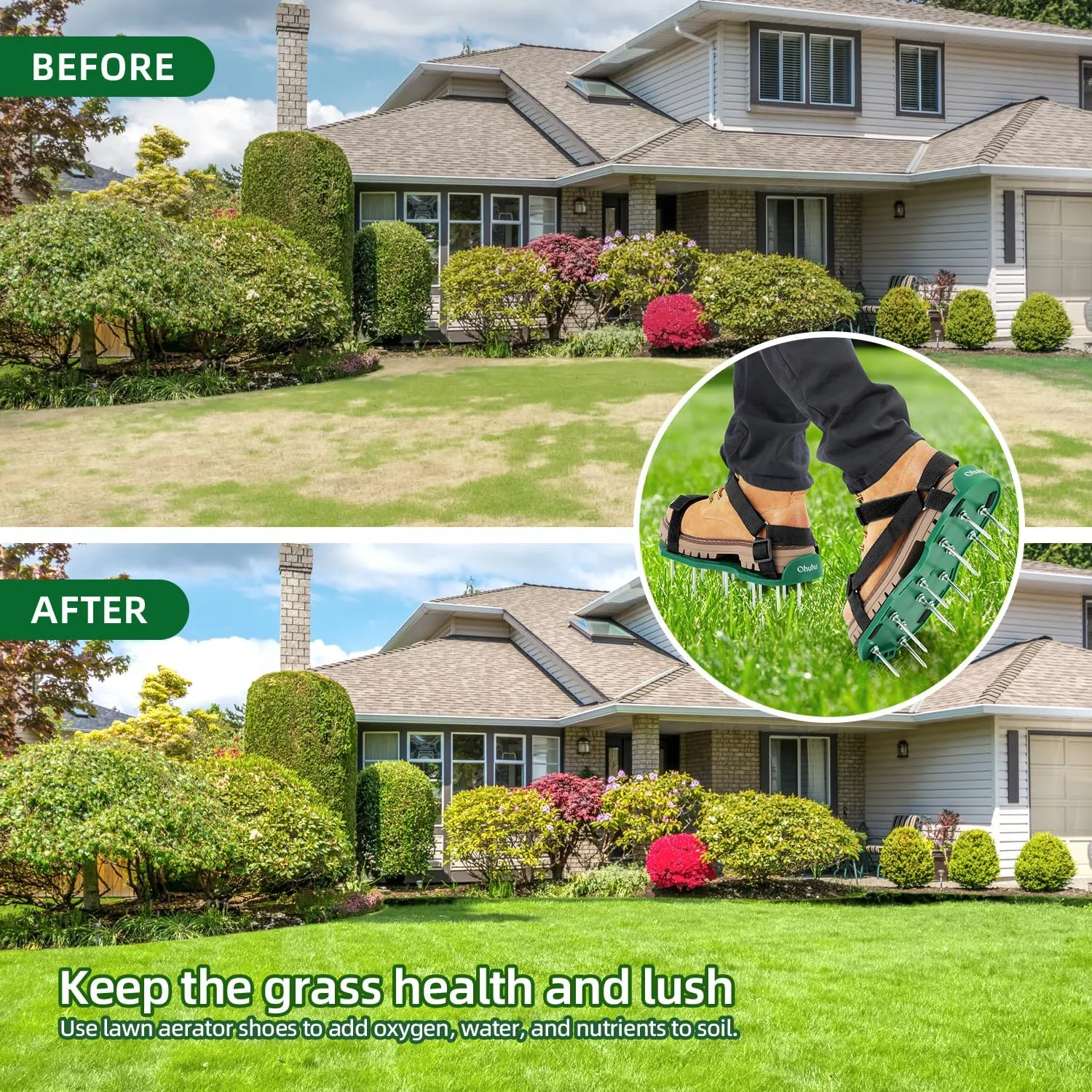 Ohuhu Lawn Aerator Shoes with Hook & Loop Straps, All New Unique Design Free-Installation Heavy Duty Spiked Aerating Sandals, One-Size-Fits-All & Easy to Use for Yard Patio Lawn Garden
