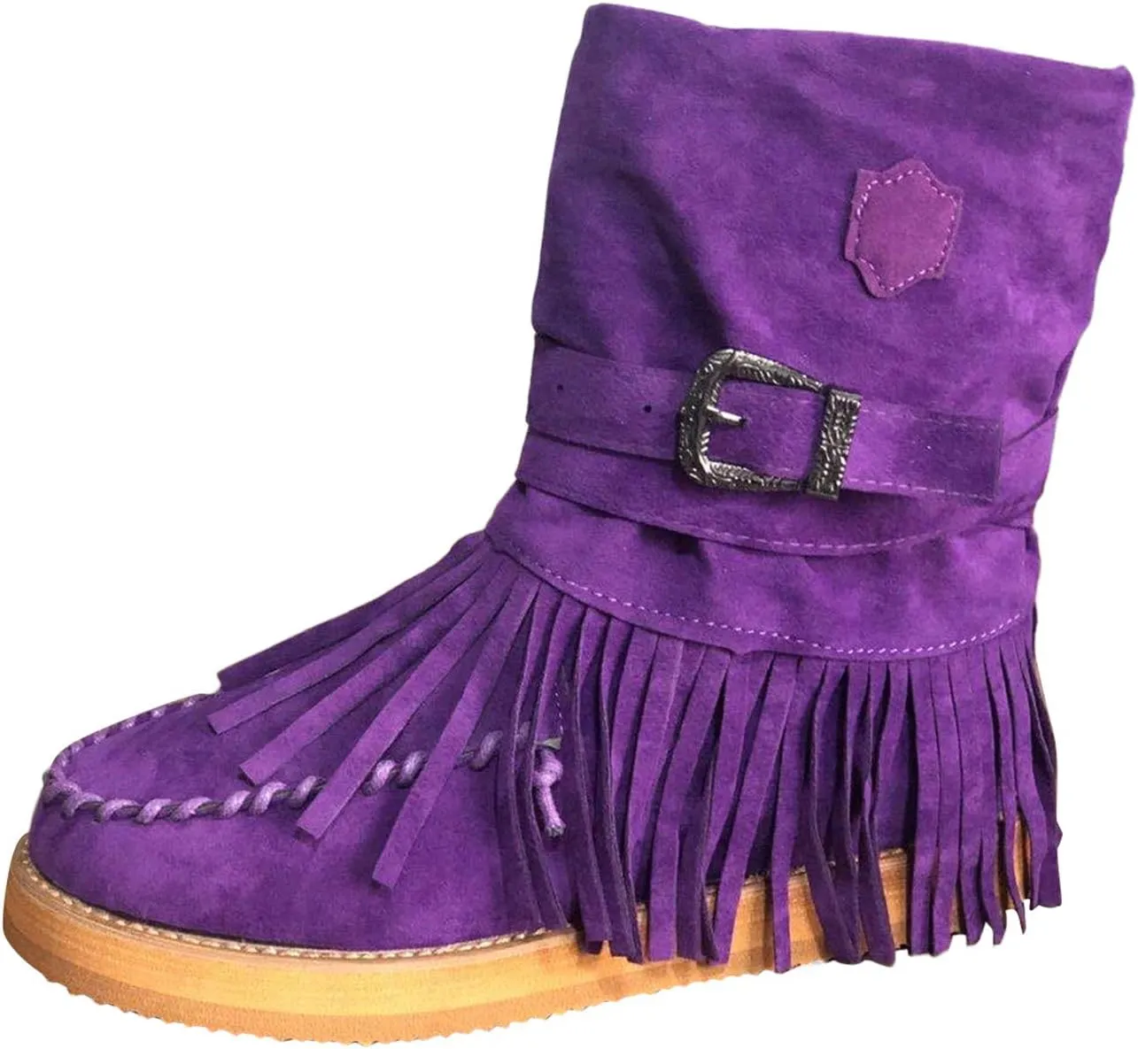 oiangi Women's Ankle Boots & Booties Fashion Tassel Round Toe Buckle Slip On Platform Short Boots Retro Comfortable Casual Fringe Flat Shoes