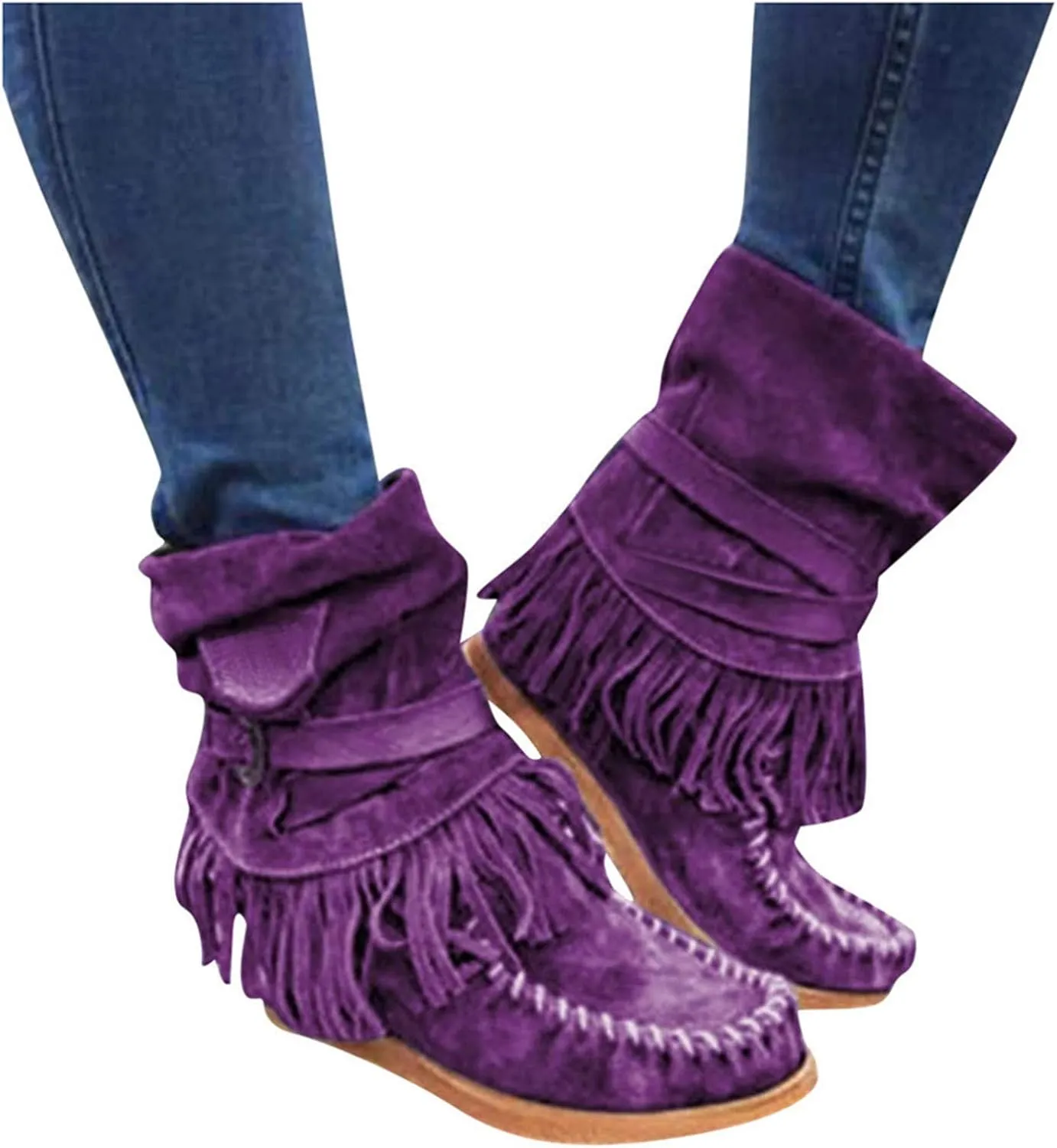 oiangi Women's Ankle Boots & Booties Fashion Tassel Round Toe Buckle Slip On Platform Short Boots Retro Comfortable Casual Fringe Flat Shoes