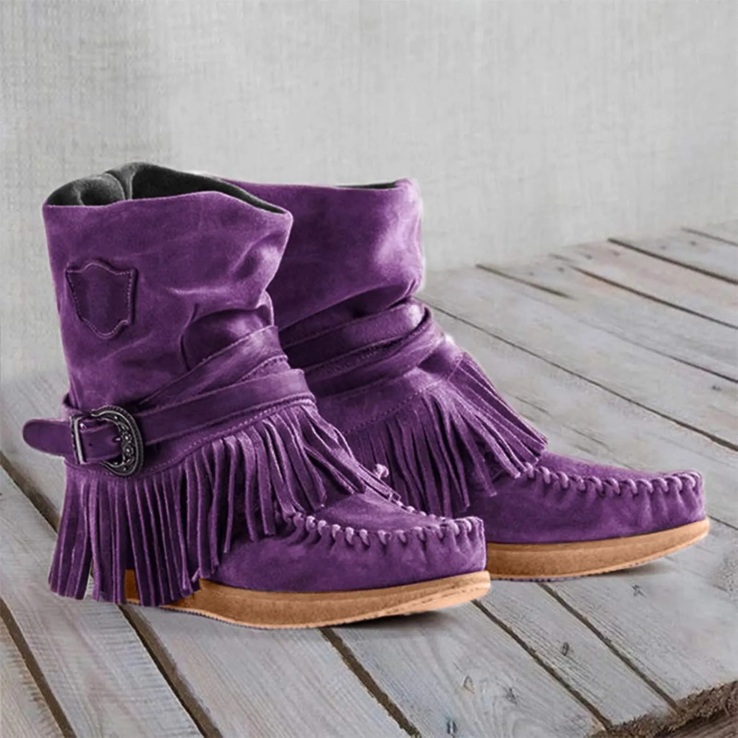 oiangi Women's Ankle Boots & Booties Fashion Tassel Round Toe Buckle Slip On Platform Short Boots Retro Comfortable Casual Fringe Flat Shoes