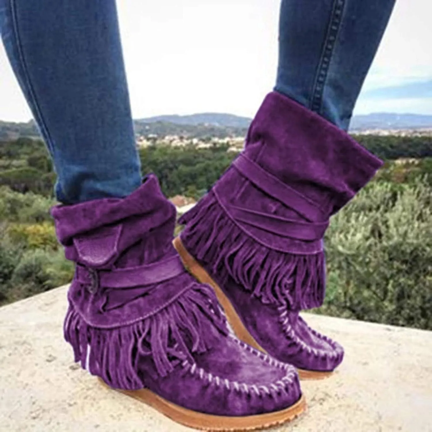 oiangi Women's Ankle Boots & Booties Fashion Tassel Round Toe Buckle Slip On Platform Short Boots Retro Comfortable Casual Fringe Flat Shoes
