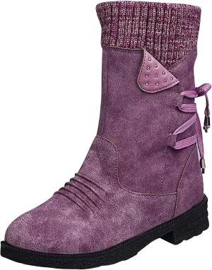 oiangi Womens Winter Boots 2022 Fashion Round Toe Lace Up Side Zipper Wool Patchwork Warm Block Low Heel Mid Calf Boots Solid Casual Western Boots Shoes