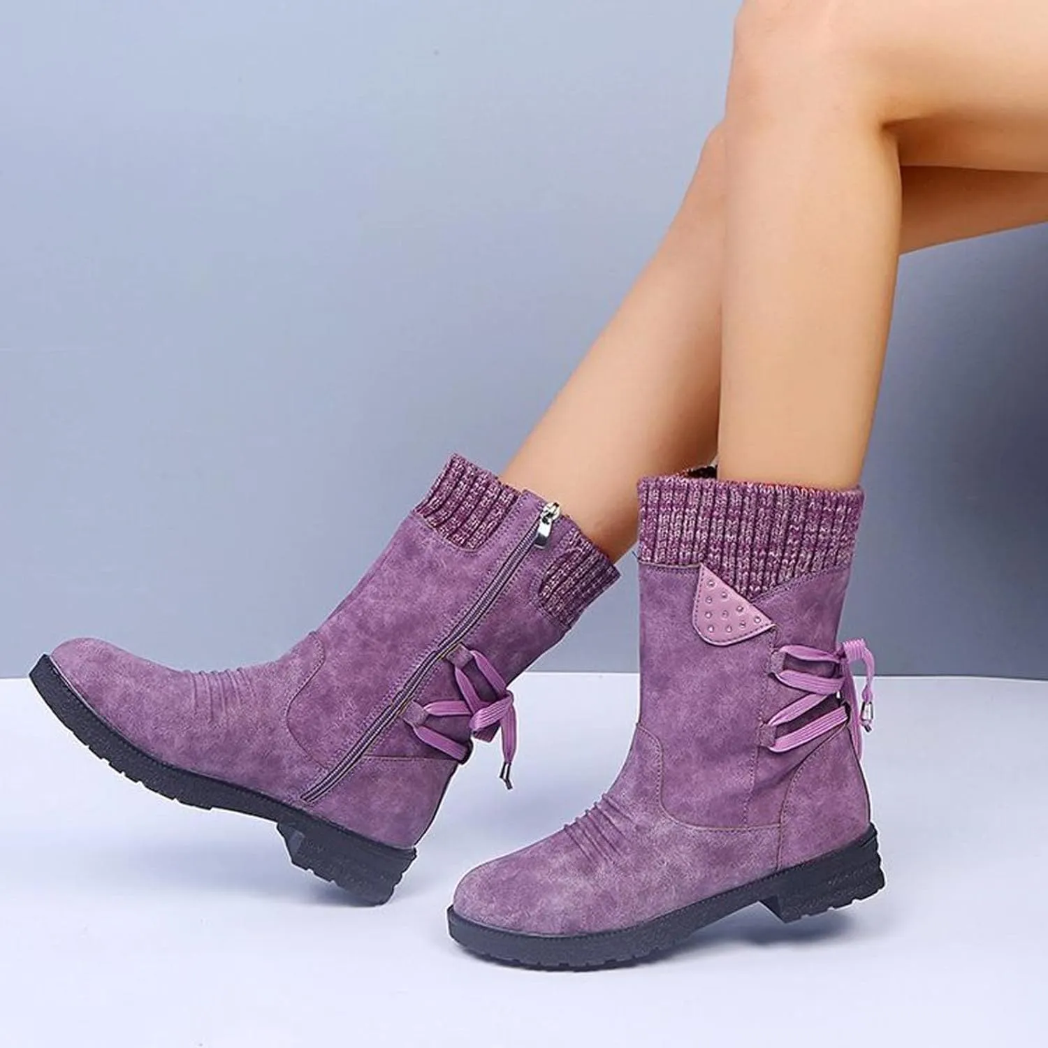 oiangi Womens Winter Boots 2022 Fashion Round Toe Lace Up Side Zipper Wool Patchwork Warm Block Low Heel Mid Calf Boots Solid Casual Western Boots Shoes