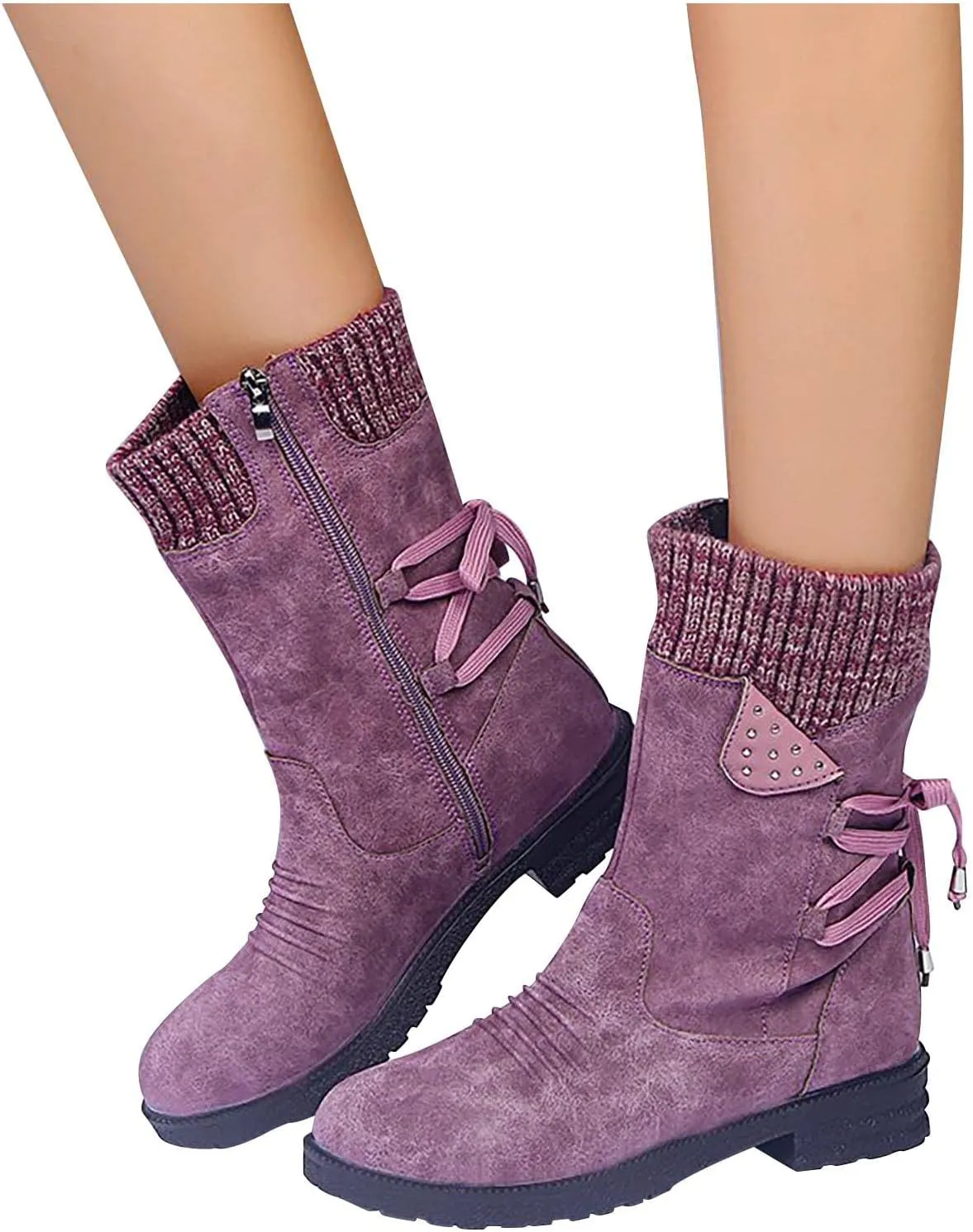 oiangi Womens Winter Boots 2022 Fashion Round Toe Lace Up Side Zipper Wool Patchwork Warm Block Low Heel Mid Calf Boots Solid Casual Western Boots Shoes