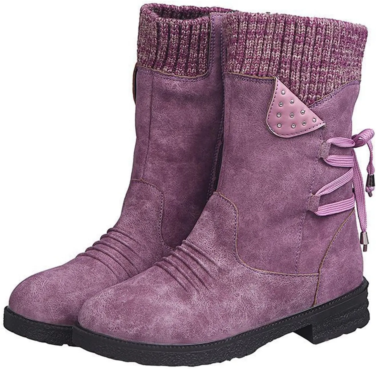 oiangi Womens Winter Boots 2022 Fashion Round Toe Lace Up Side Zipper Wool Patchwork Warm Block Low Heel Mid Calf Boots Solid Casual Western Boots Shoes