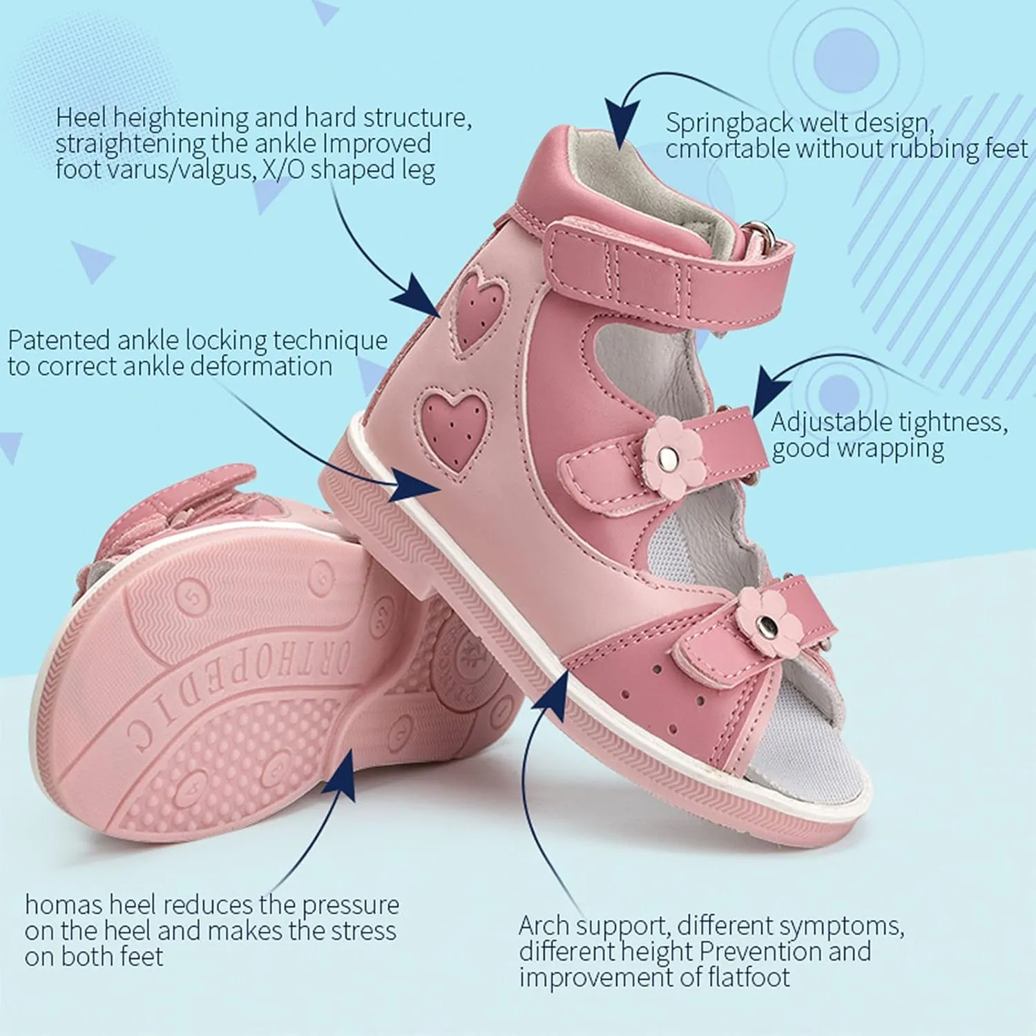 Orthopedic Sandals for Kids with Hollowed Out Heart Pattern,Kids Corrective Shoes with High Back and Arch Support